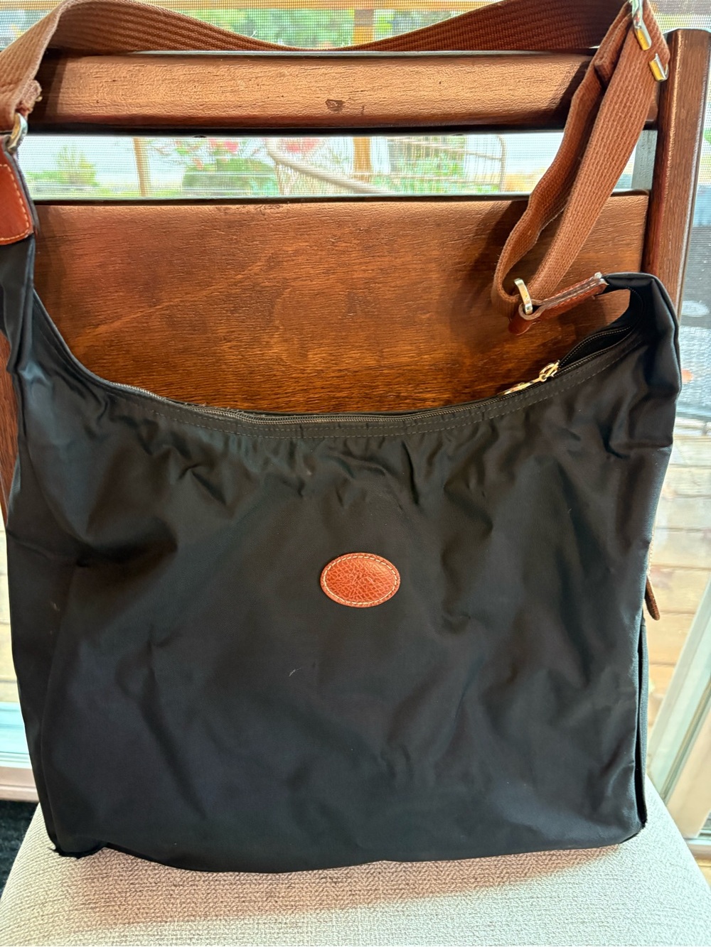 Longchamp Black Nylon Shoulder Bag with Brown Trim - Women's Shoulder Bag